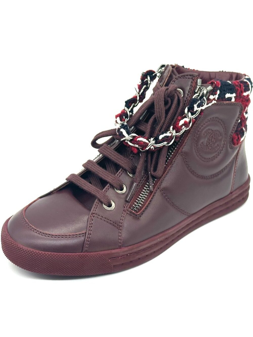 CHANEL 15K Leather Zip Chain High Hi Top Sneakers Kicks Shoes